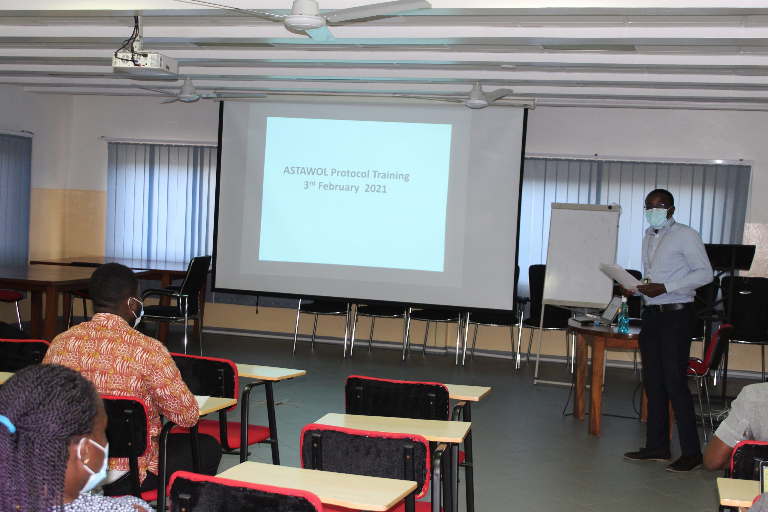 Dr Jubin Osei-Mensah, the Project Manager for the Filariasis project, taking the research team through the various Standard Operating Procedures (SOPs) to be followed when carrying out the ASTAWOL study. These SOPs when followed will ensure reproducibility of the findings that will come out from this study.